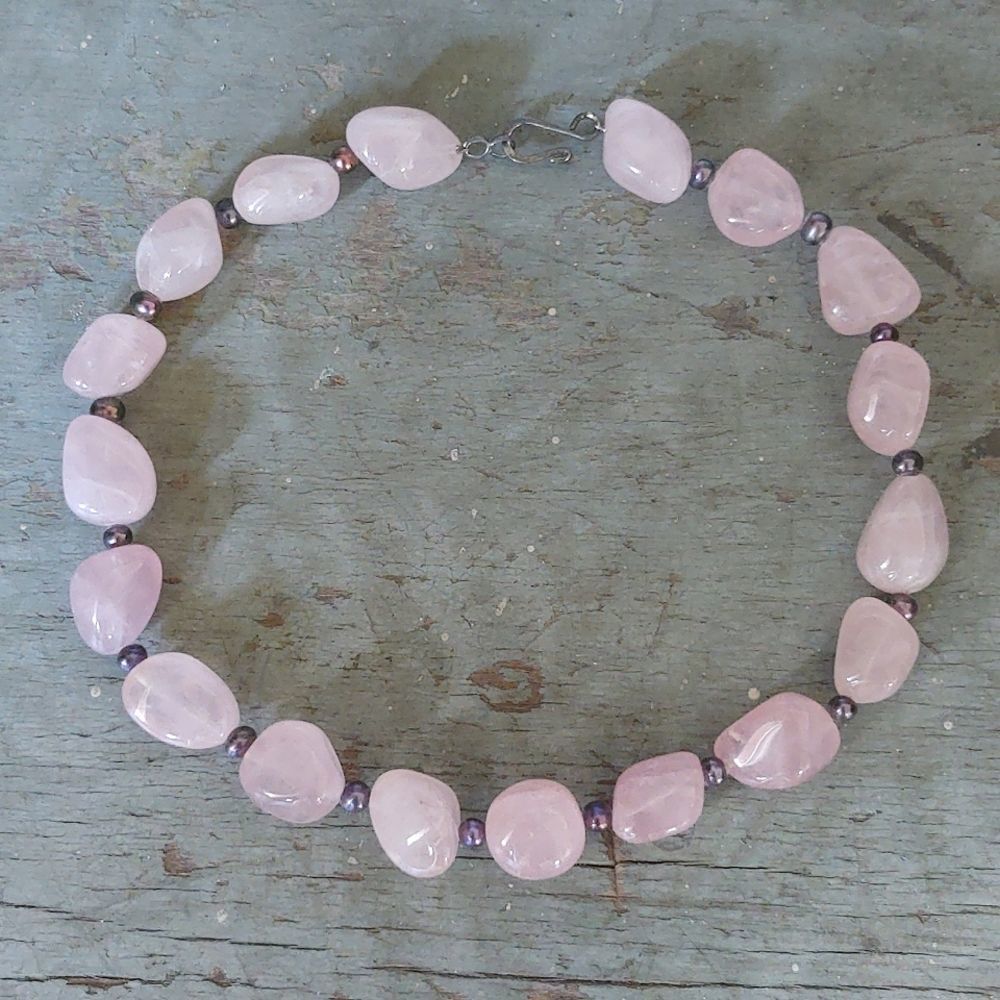 Y2K /New Pink Quartz & Genuine Gray Peacock Pearls Chunky Necklace 17"